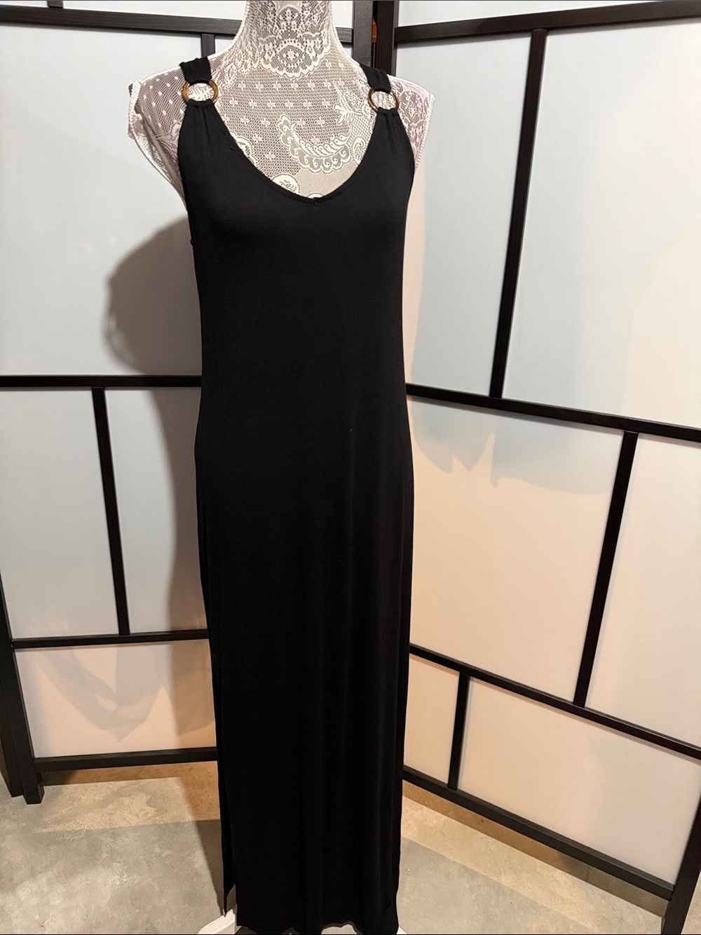 Green Envelope Black Maxi Dress with Gold Ring Straps